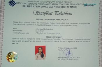 Morlina Masbaitubun, Pelatihan Berbasis Kompotensi (PBK) Kejuruan Pashion Technology Program Asisten Operator Costum Made